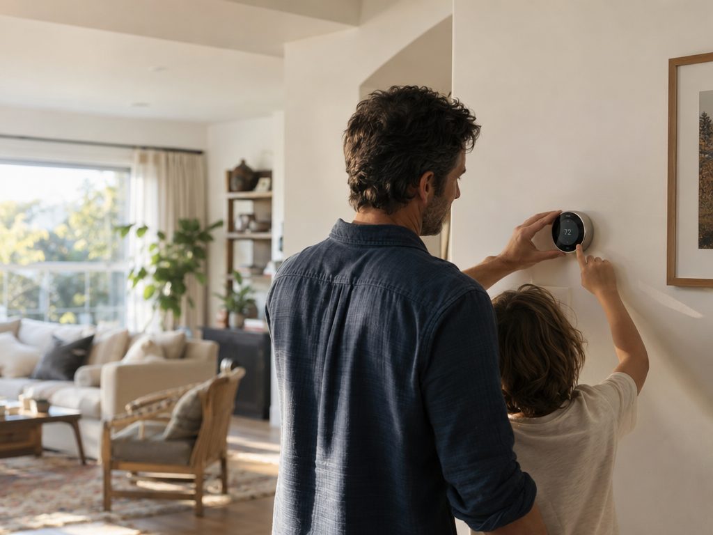 A parent and child adjusting a smart thermostat at home