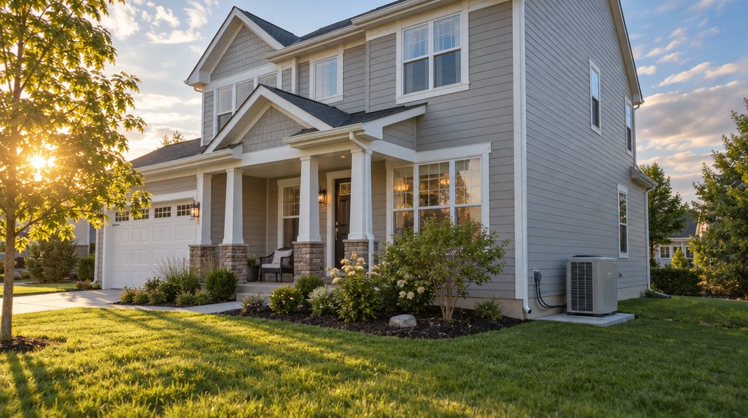 A modern family home with a new heat pump installed at the side